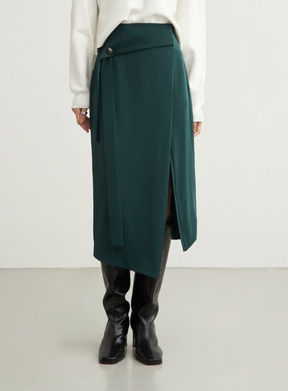 不對稱光澤感綁帶直筒裙